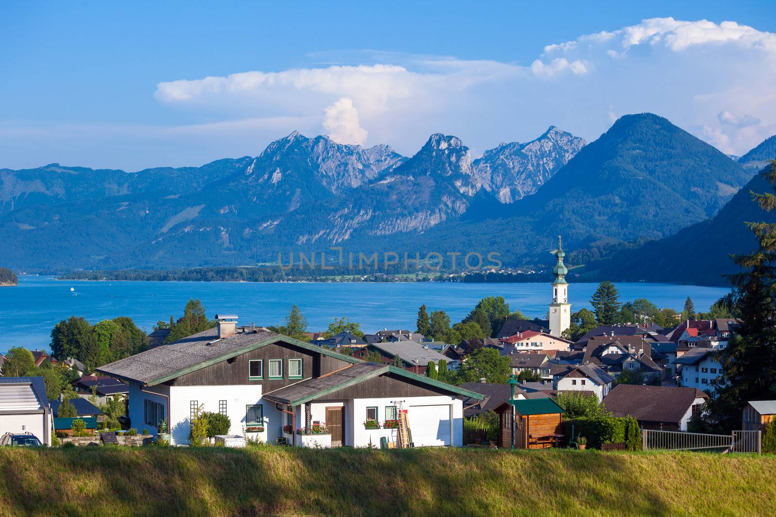 St. Gilgen and Wolfgang See lake with Sparber and Bleckwand peaks, Alps mountains, Austria