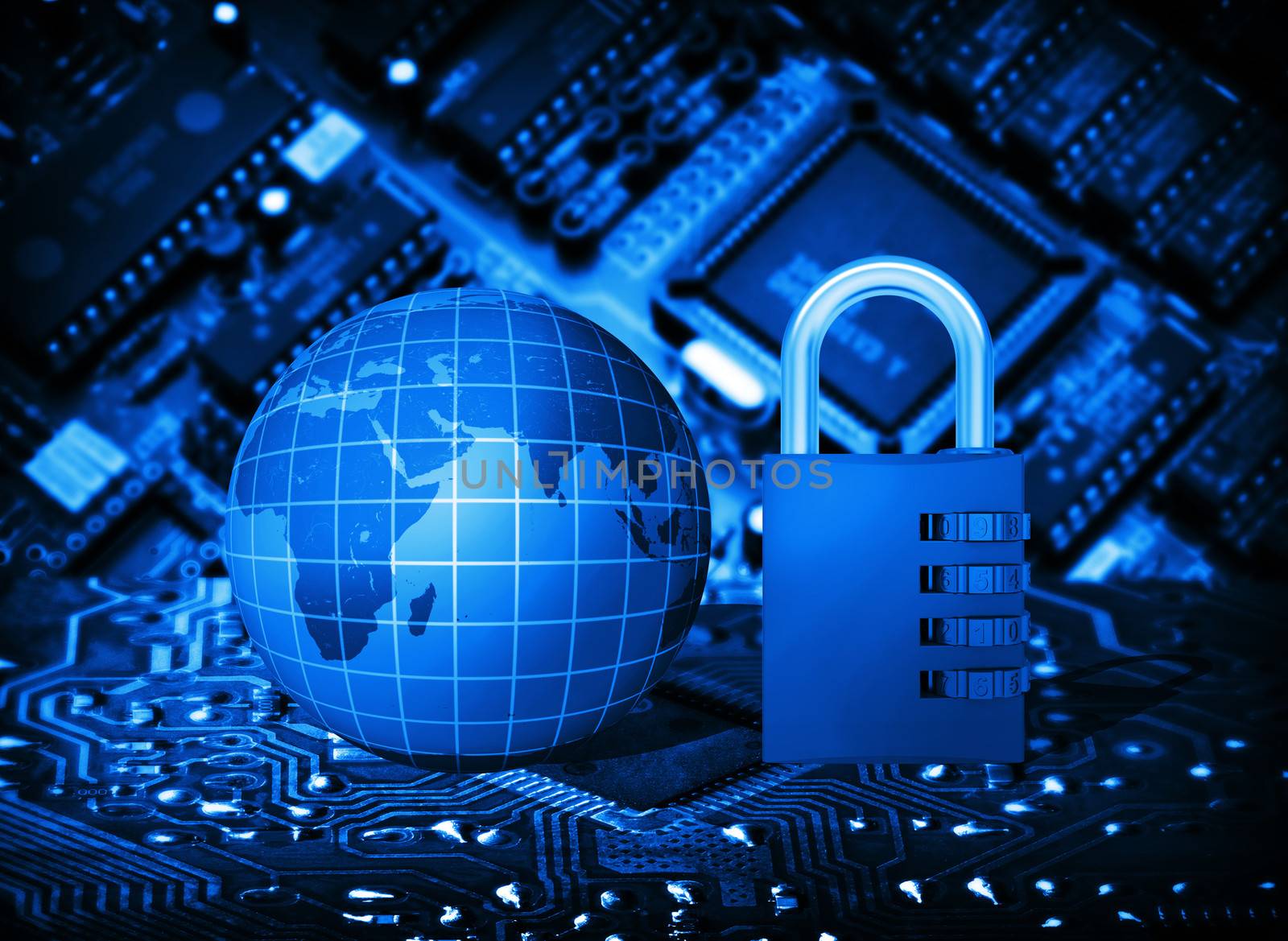 Futuristic integrated circuit, code lock and globe. The concept of electronic security