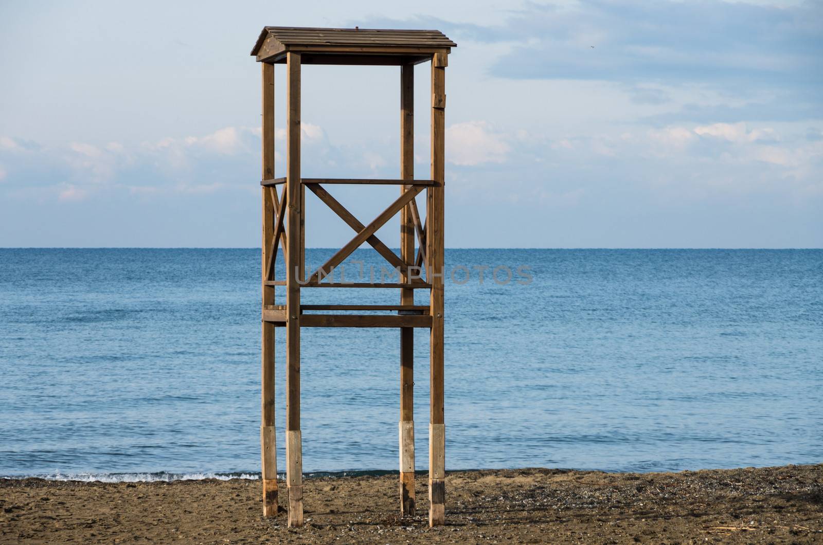 Solitary lifeguard tower during winter on the tuscany coast