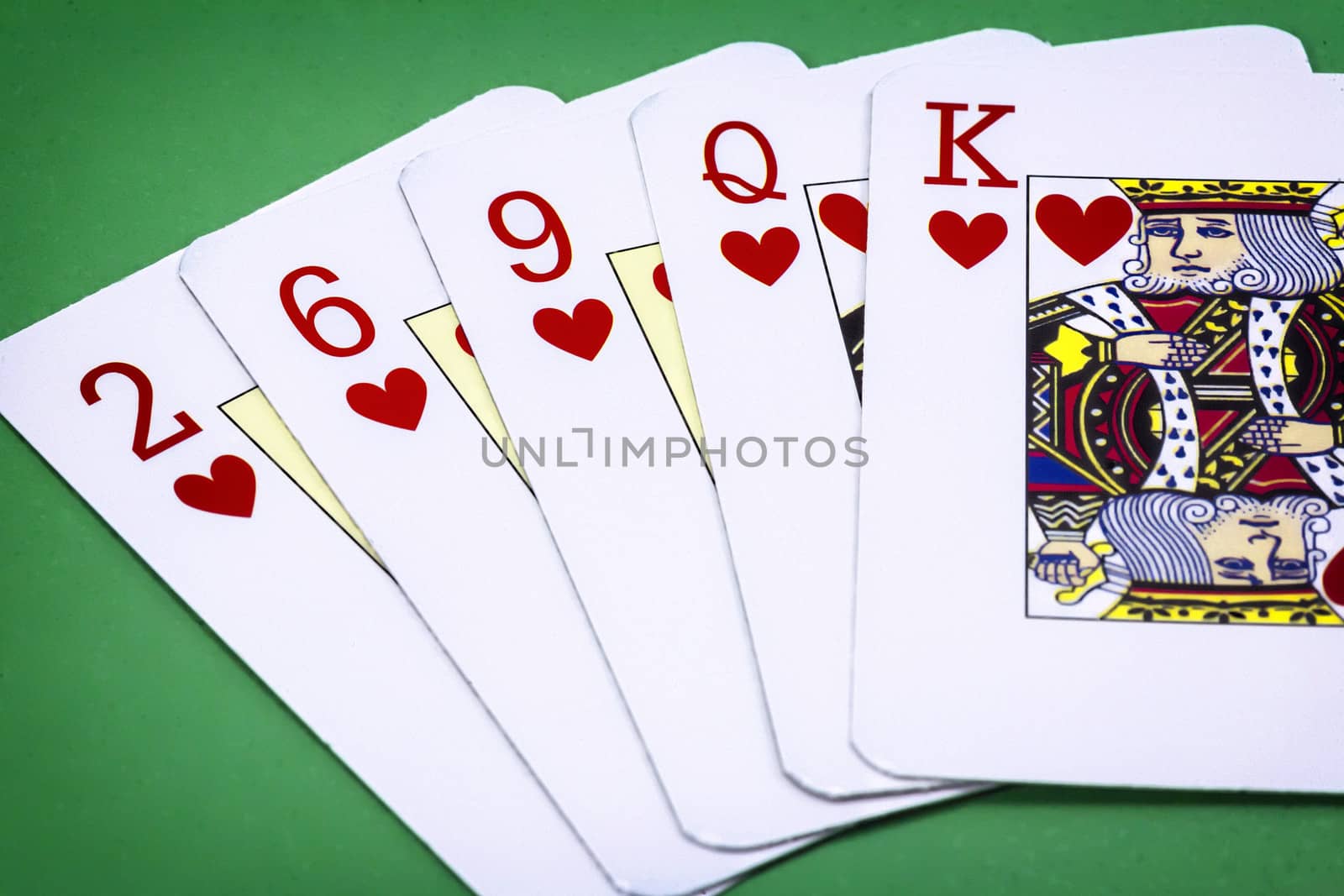 cards poker deck English, Poker hand call color, consisting of five letters of hearts, two of hearts, six of hearts, nine of hearts lady and king of hearts by digicomphoto