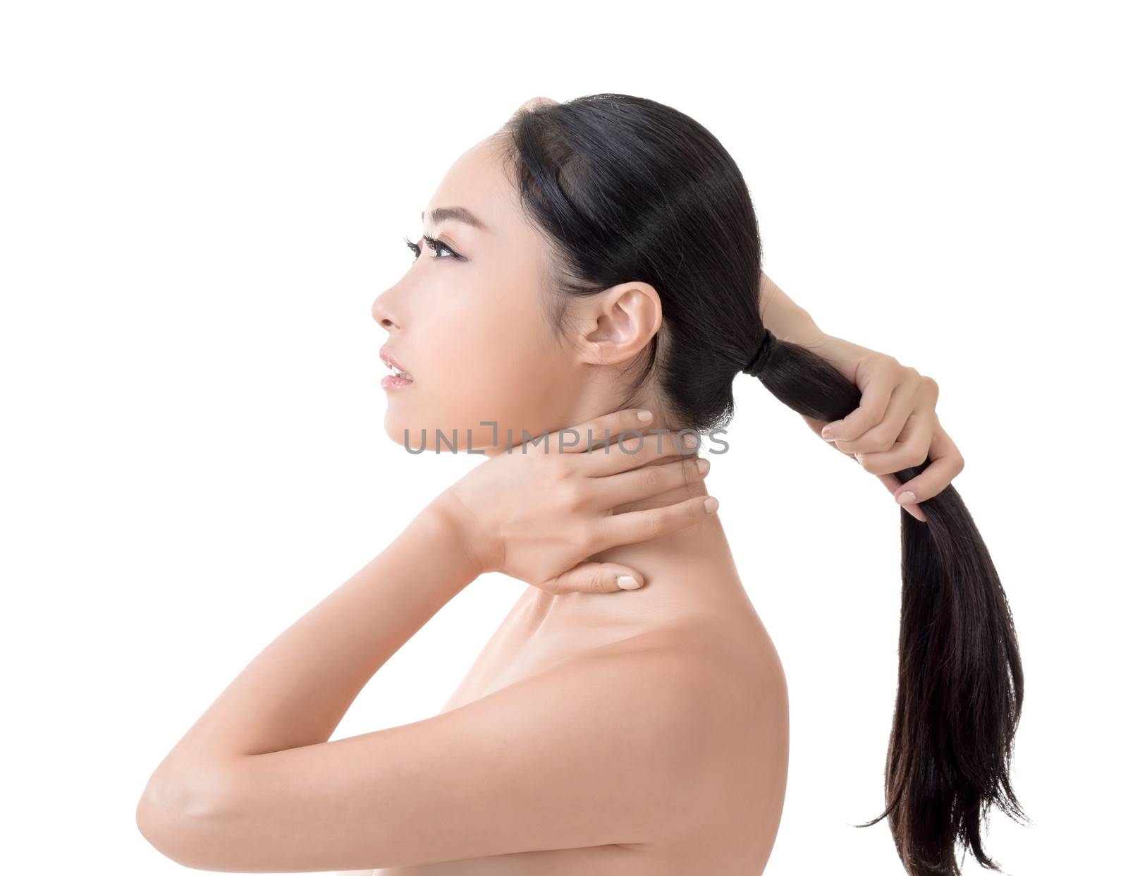 Asian beauty face closeup portrait with clean and fresh elegant lady. Studio shot.