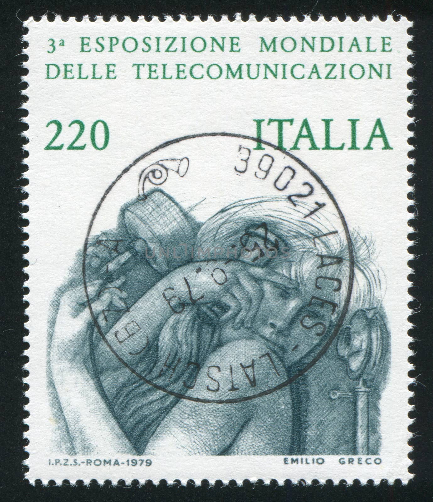 ITALY - CIRCA 1979: stamp printed by Italy, shows Woman with old-fashioned phone, circa 1979
