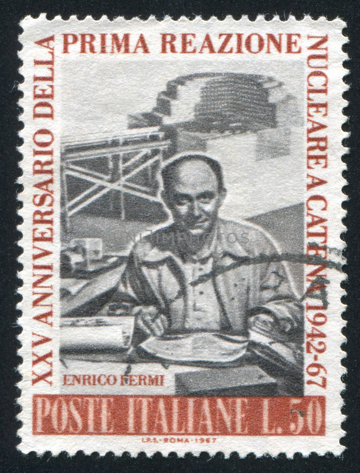 ITALY - CIRCA 1967: stamp printed by Italy, shows Enrico Fermi at Los Alamos and Model of 1st Atomic Reactor, circa 1967