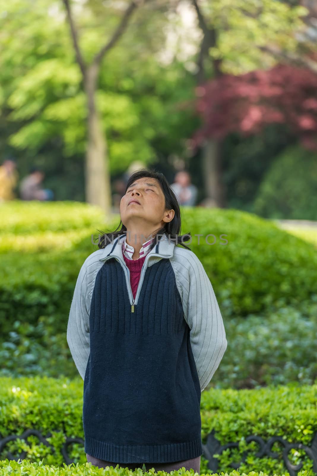 Shanghai, China - April 7, 2013: one woman exercising meditation in fuxing park at the city of Shanghai in China on april 7th, 2013