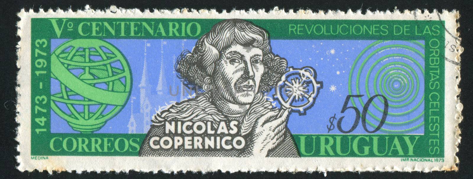 URUGUAY - CIRCA 1973: stamp printed by Uruguay, shows Nicolaus Copernicus, circa 1973