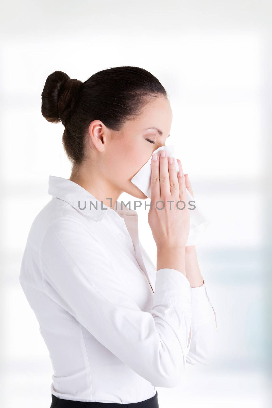 Woman with allergy or cold, isolated on white background