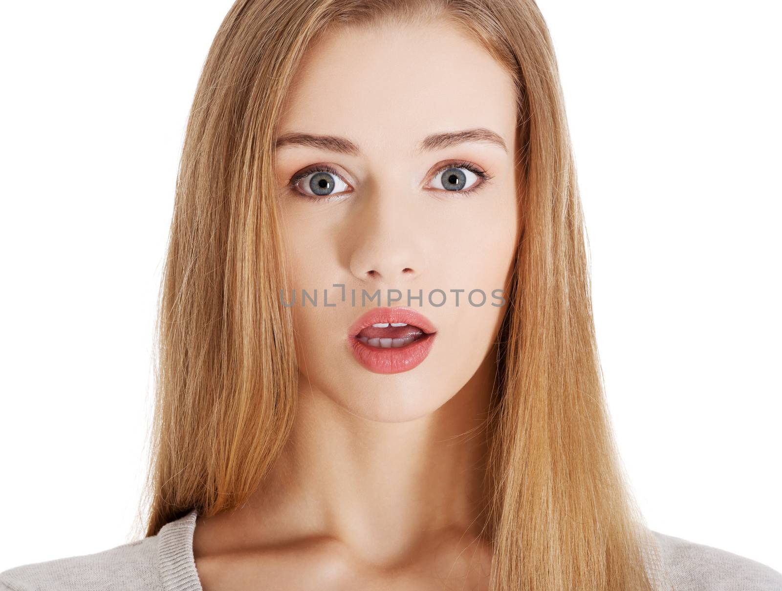 Beautiful casual woman with open mouth, expressing shock. by BDS