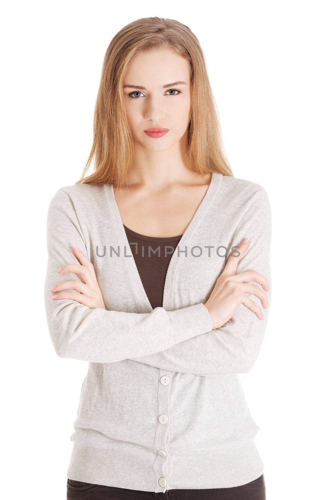 Portrait of beautiful casual serious woman. Isolated on white.