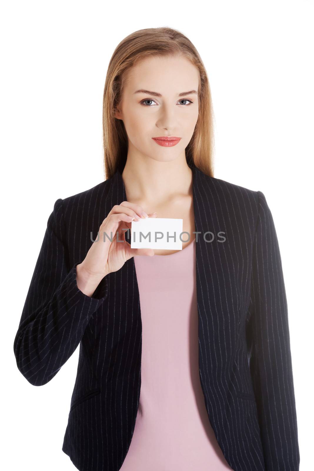 Beautiful business woman holding small personal card. by BDS