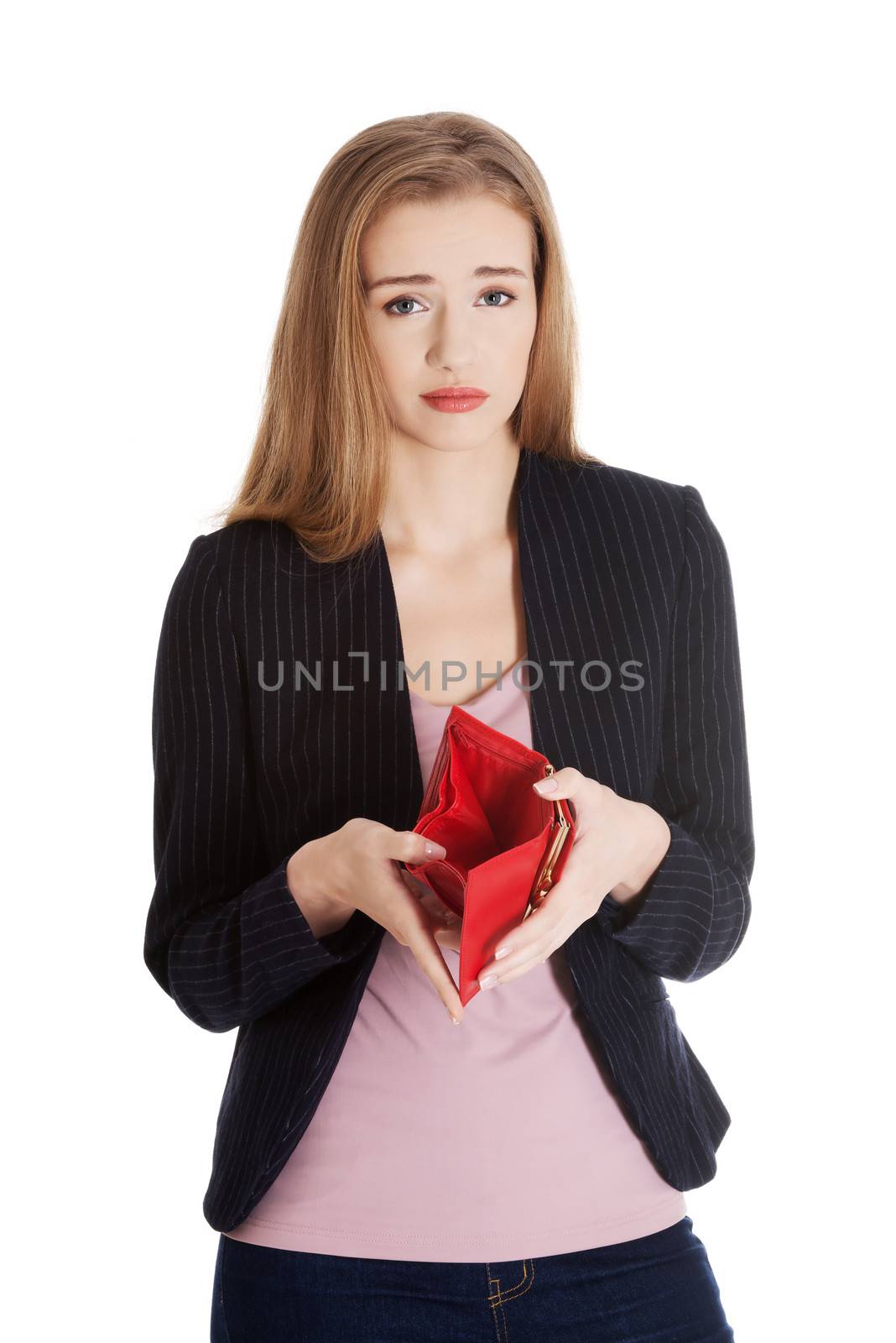 Business woman is showing her empty wallet. Isolated on white.