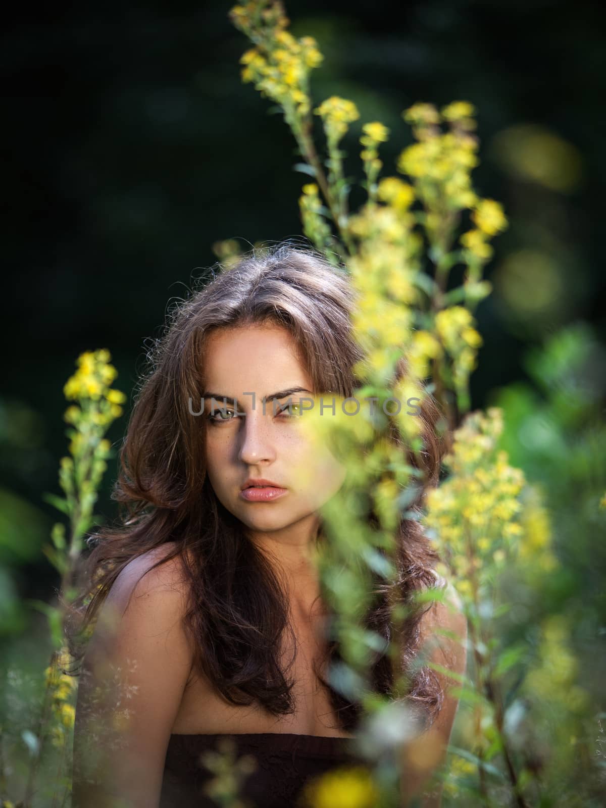 Young woman in flowers field on blured nature background