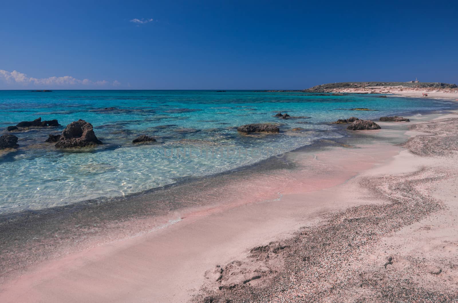 Beaches in Elafonisi, Crete island. have the particularity to be colored pink because of the coral fragments accumulated on the shore