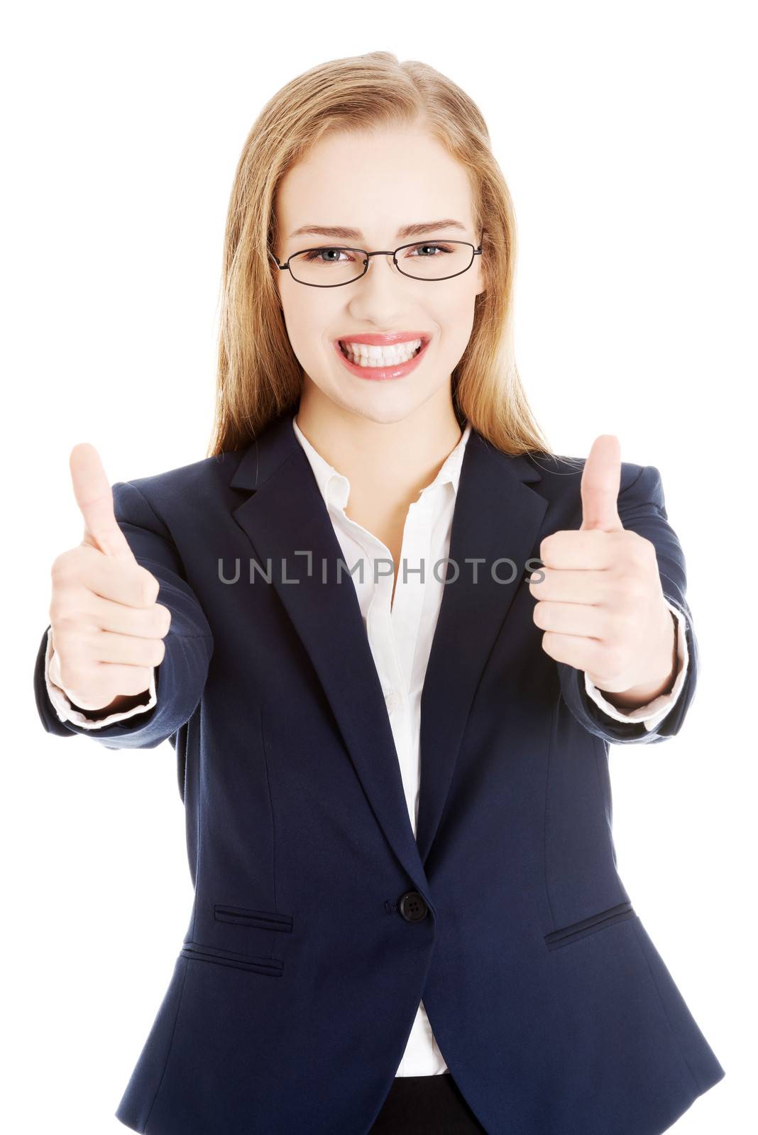 Beautiful business woman showing OK. Isolated on white.