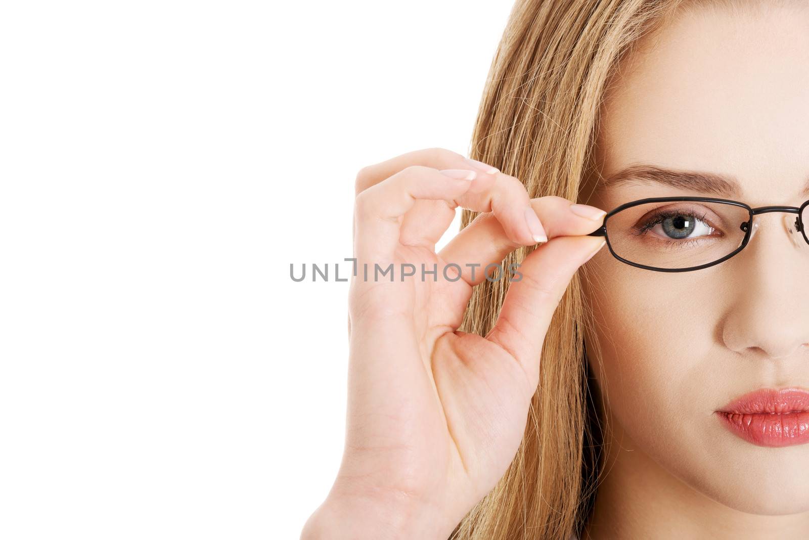 Beautiful business woman in eyeglasses, portrait. Isolated on white.