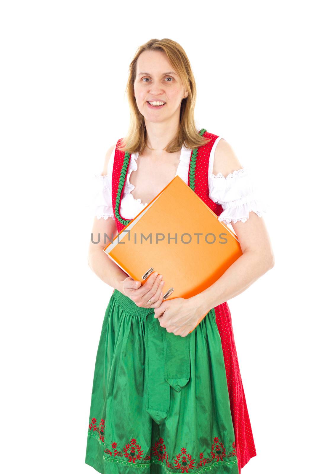 Bavarian waitress with ring binder awaiting next guest