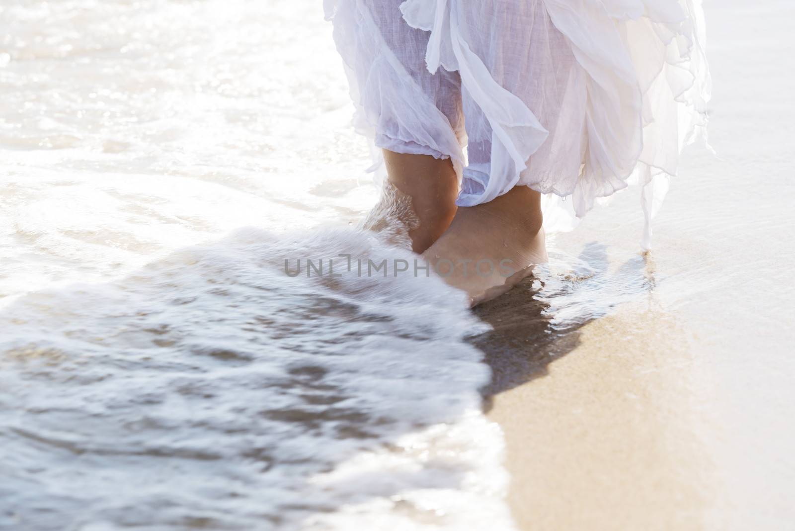 Pictore of feet on a beach and water. Over outdoor background and splashing water.