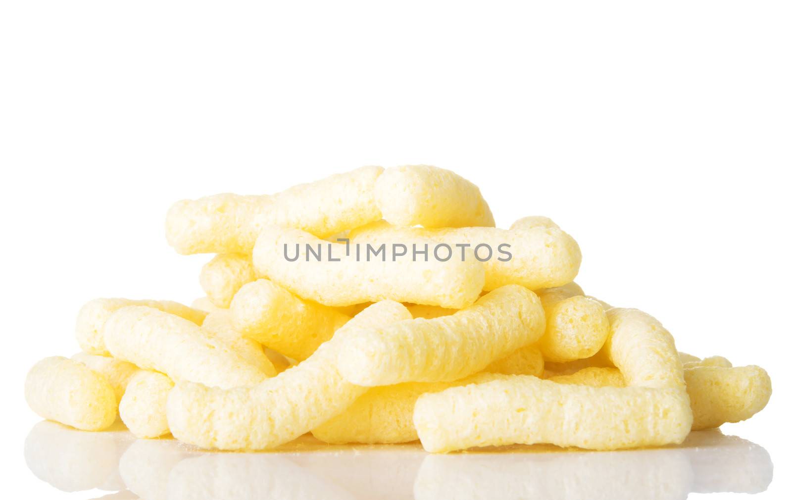 Group of flips snacks, crisps. Isolated on white.