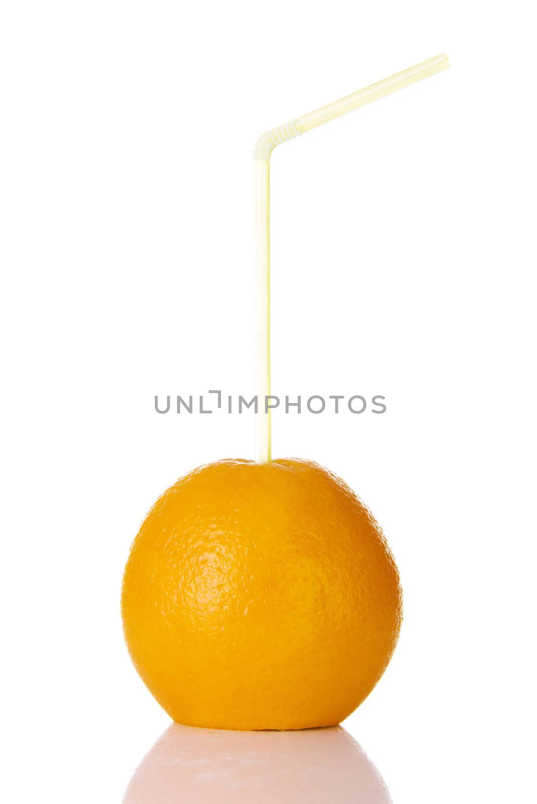Orange fruit with straw put in it. Isolated on white.