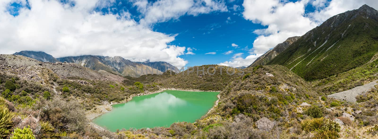 Green lake under the Mount Cook, Aoraki National Park, New Zealand. Panorama