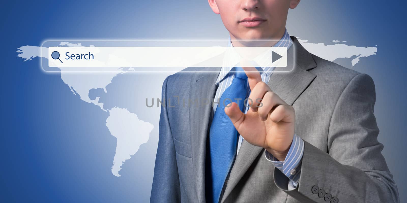 Businessman pushing on a touch screen, search for business information