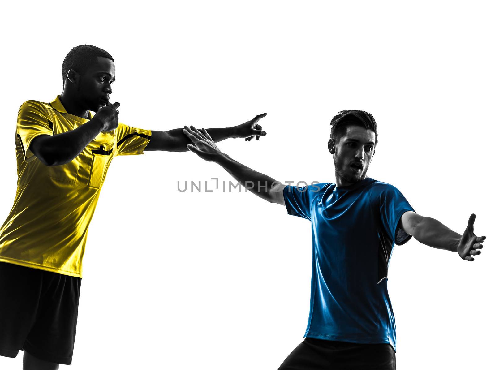 two men soccer player and referee in silhouette on white background