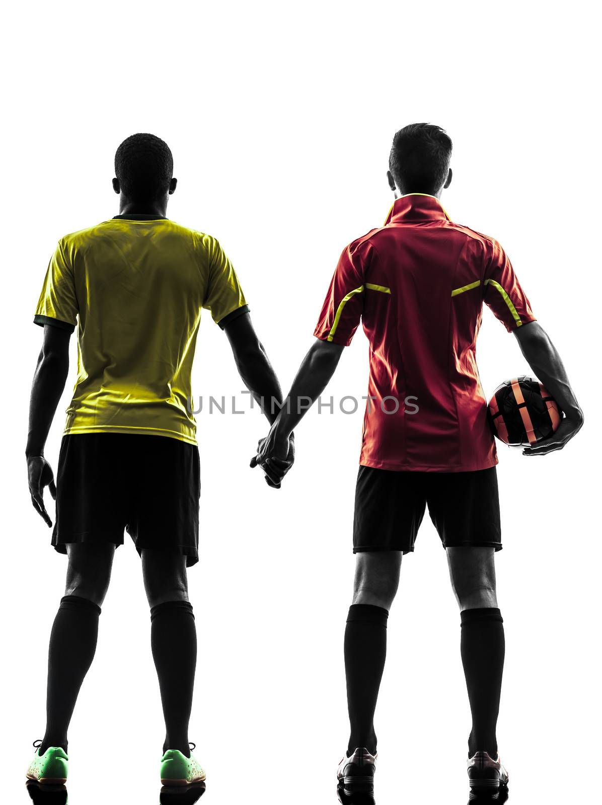 two men soccer player  standing hand in hand silhouette by PIXSTILL