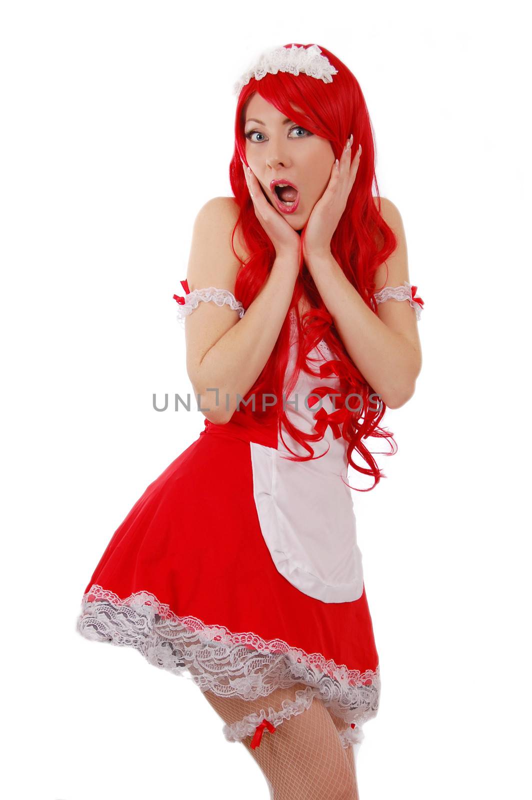 Seductive red-headed servant girl with shocked face over white