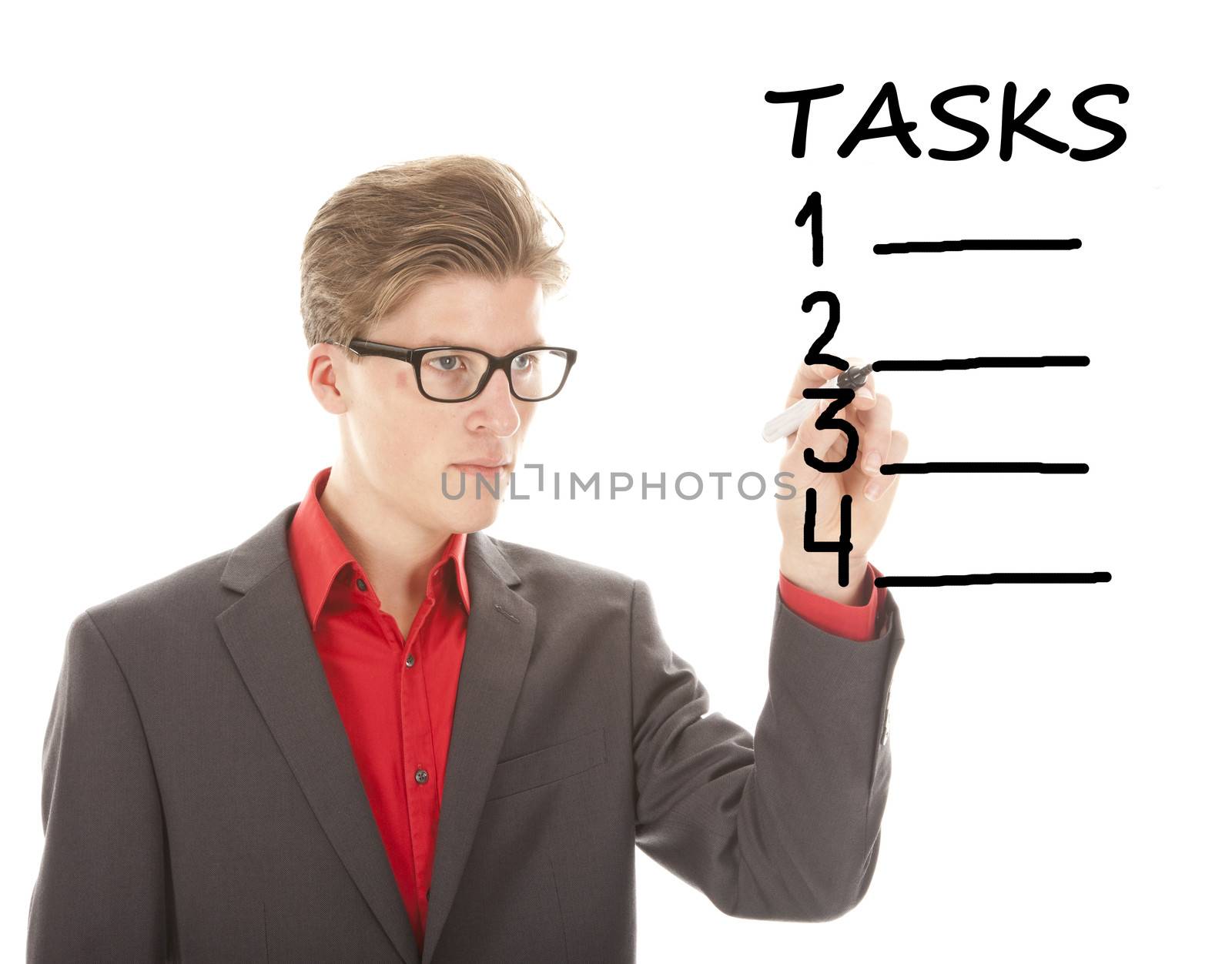 Young student writing tasks items isolated on white background