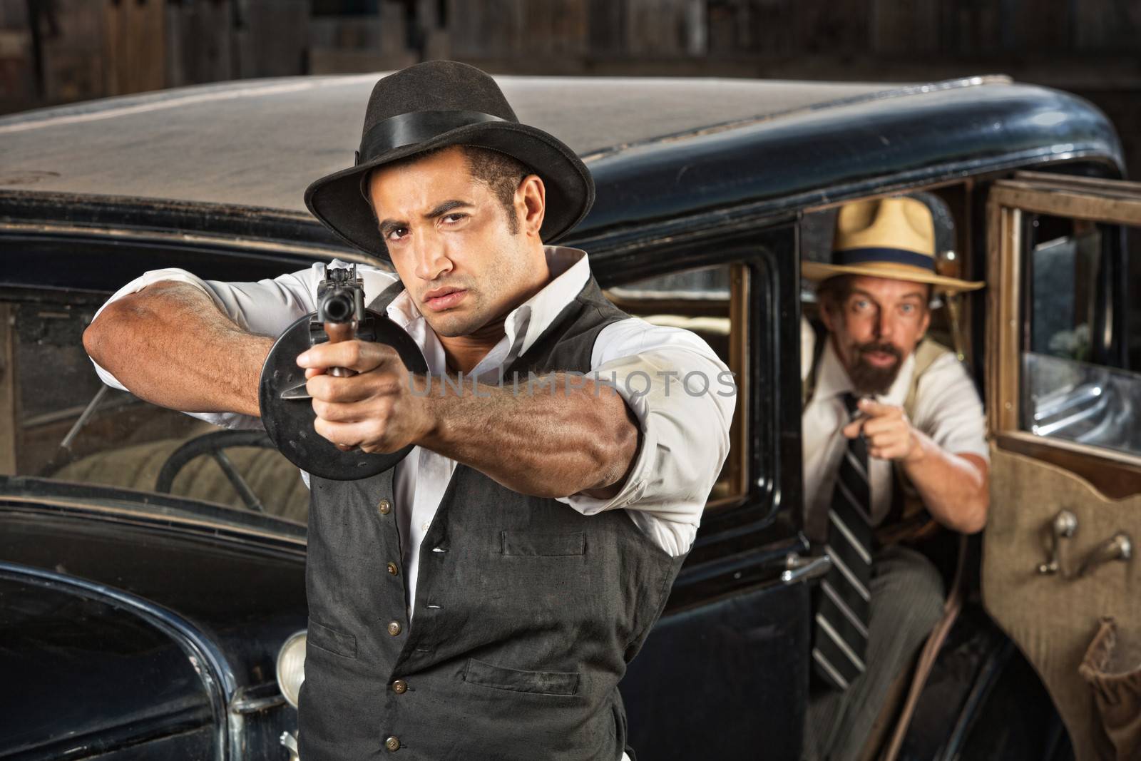 1920s Era Gangsters with Guns and Car by Creatista