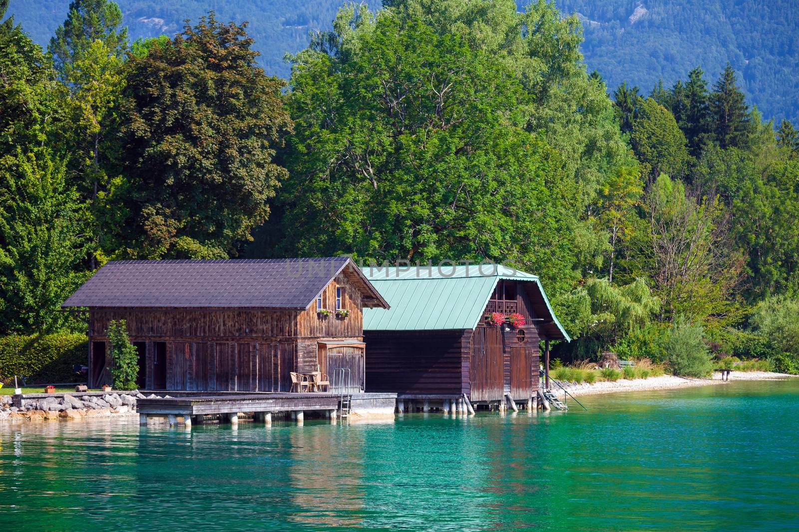 Wolfgang See lake traditional boathouses, Austria