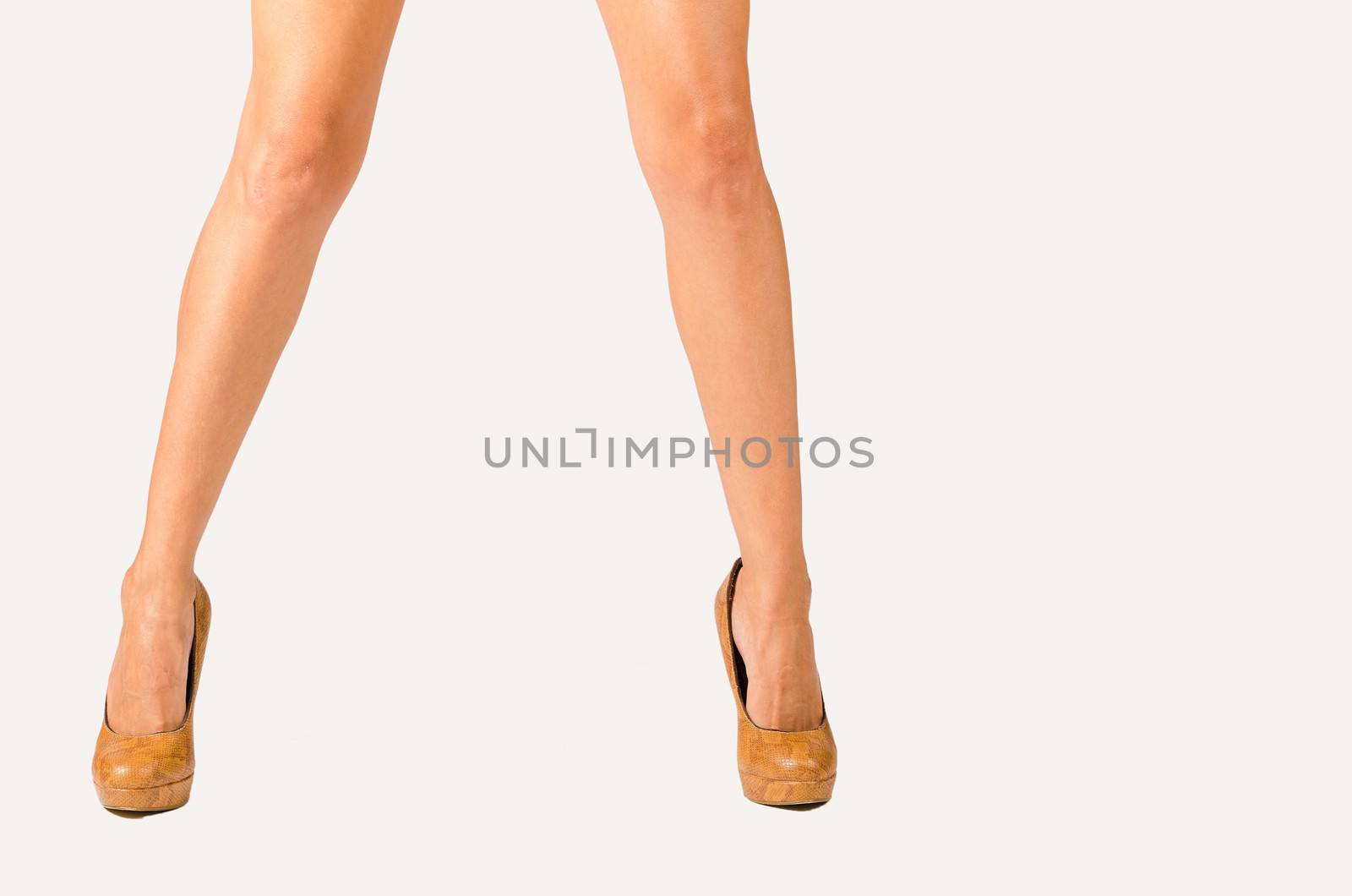 Spread and firmly standing female legs in a studio shot