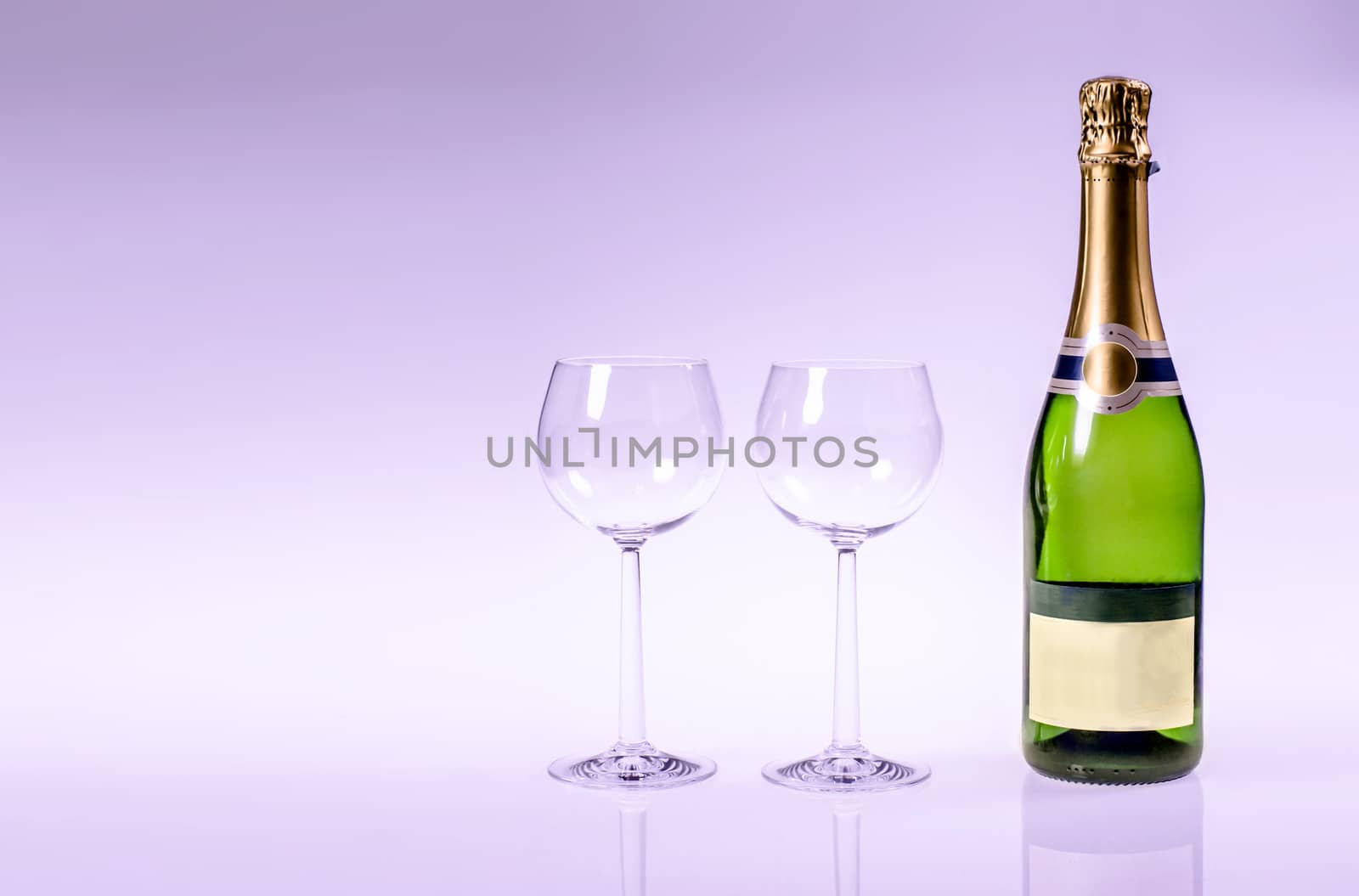 Champagen bottle with two glasses on a purple background