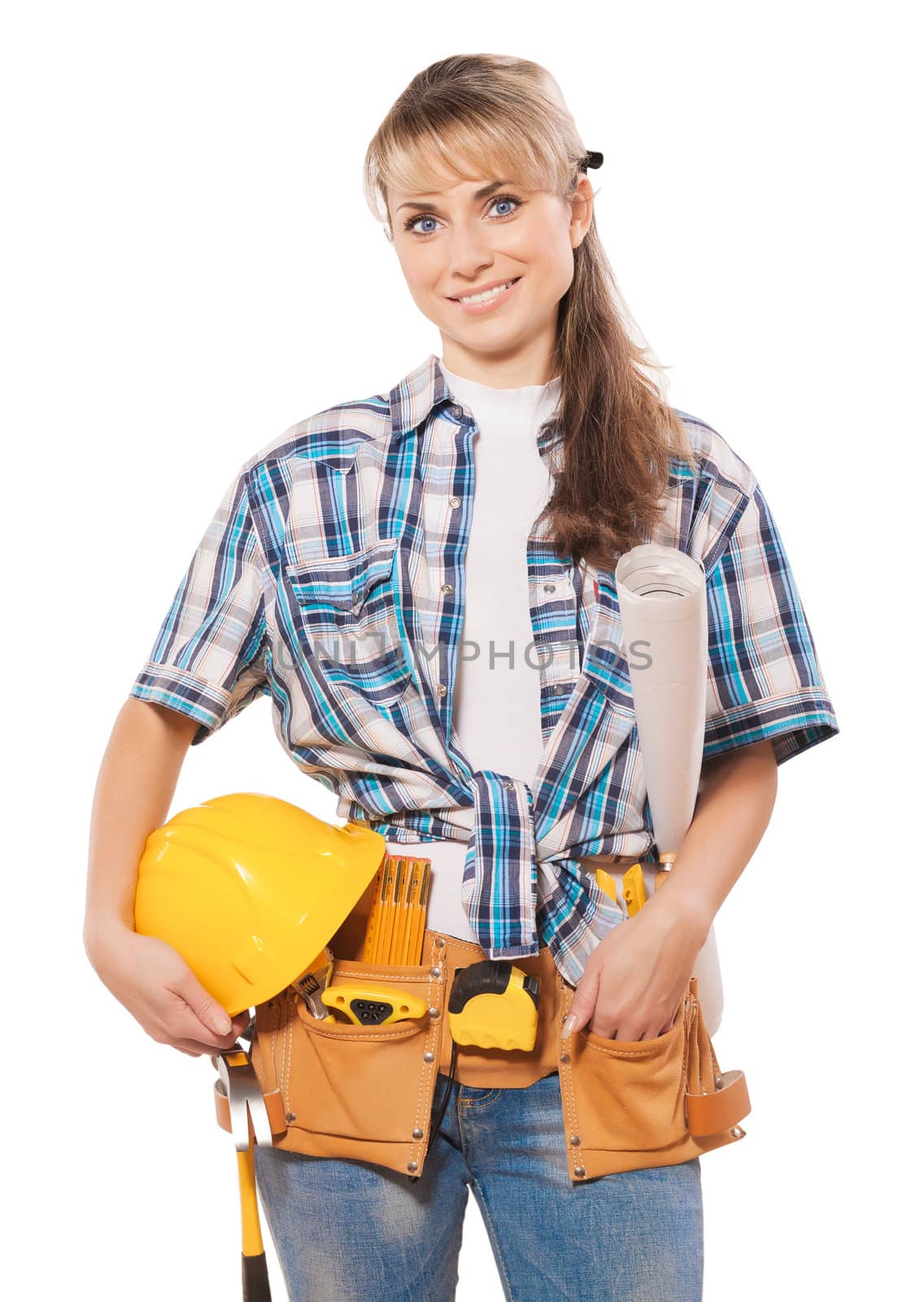 beautiful female construction worker holding hardat and blueprint