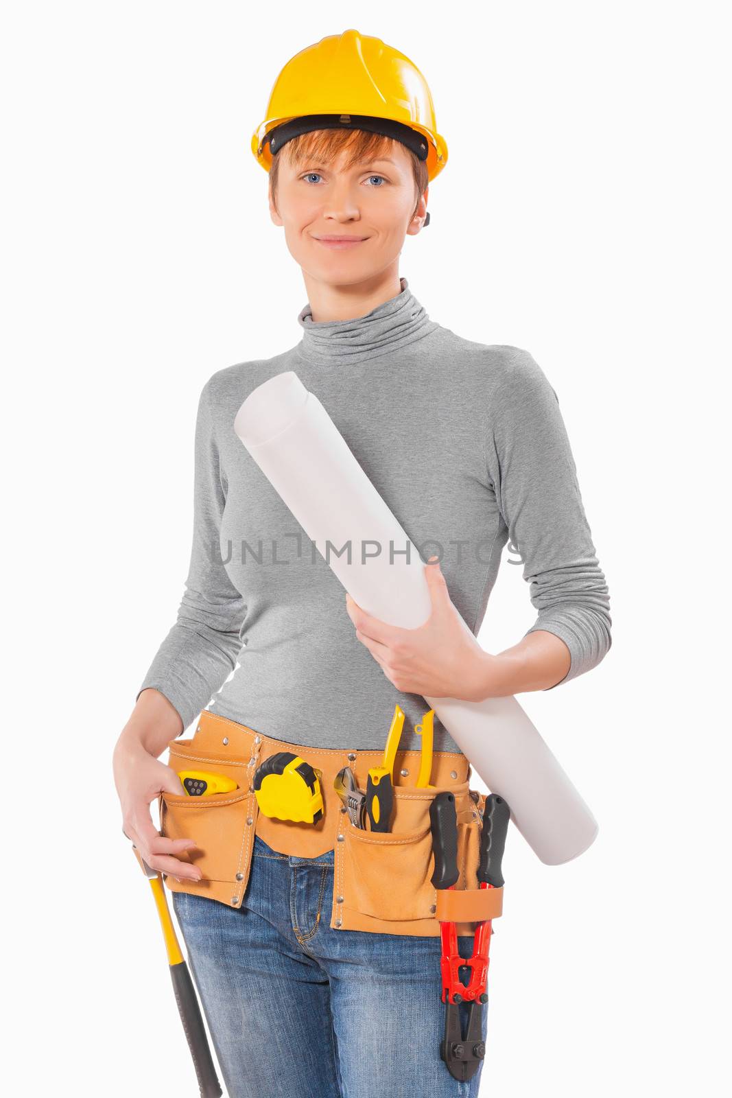 female worker holdin big blueprint isolated on white background