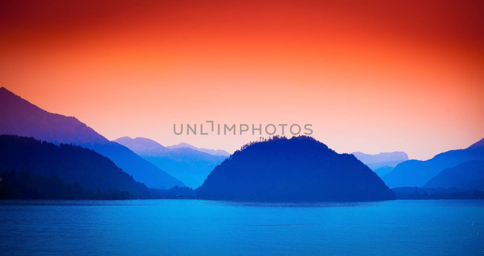 Wolfgang See lake view with Alps mountains on background, Austria