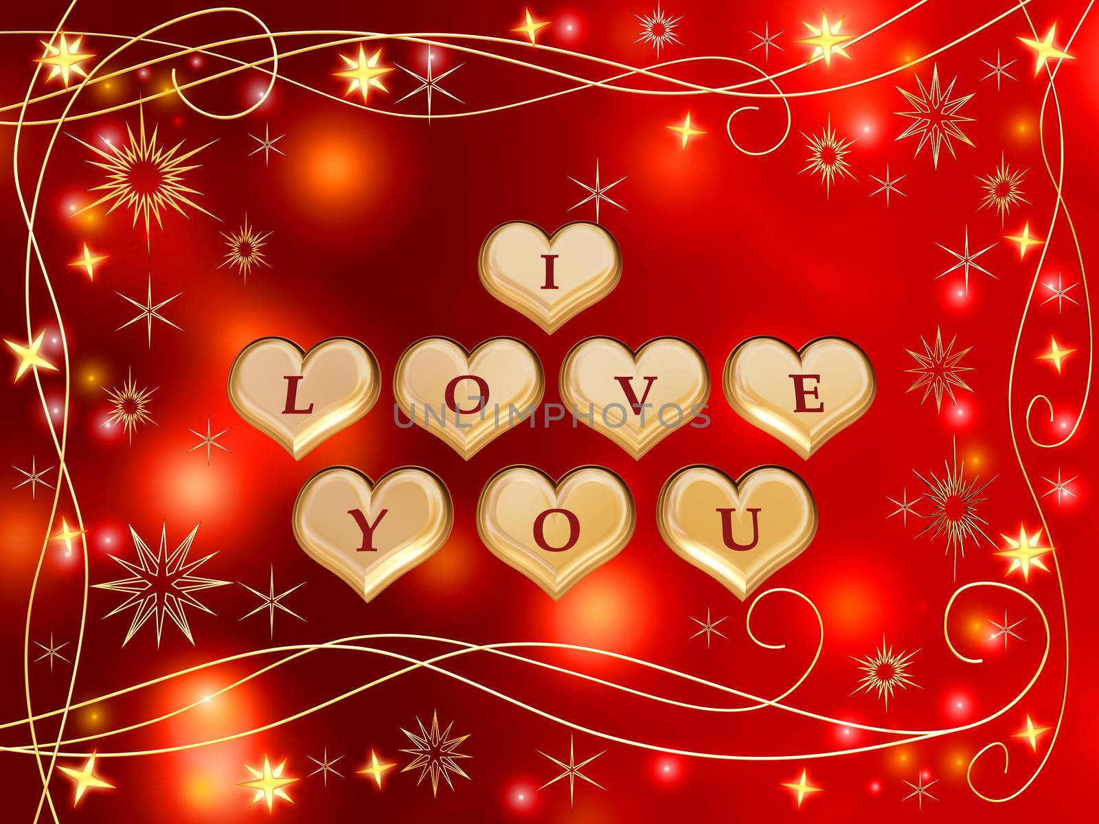 3d golden hearts, red letters, text - I love you, stars, lights, gleams
