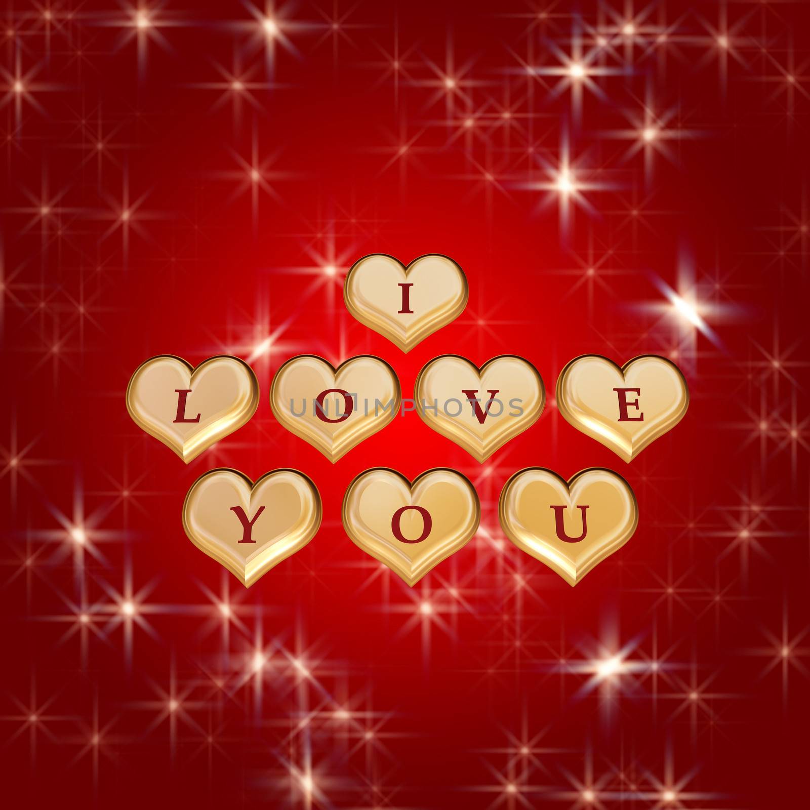 3d golden hearts, red letters, text - I love you, stars