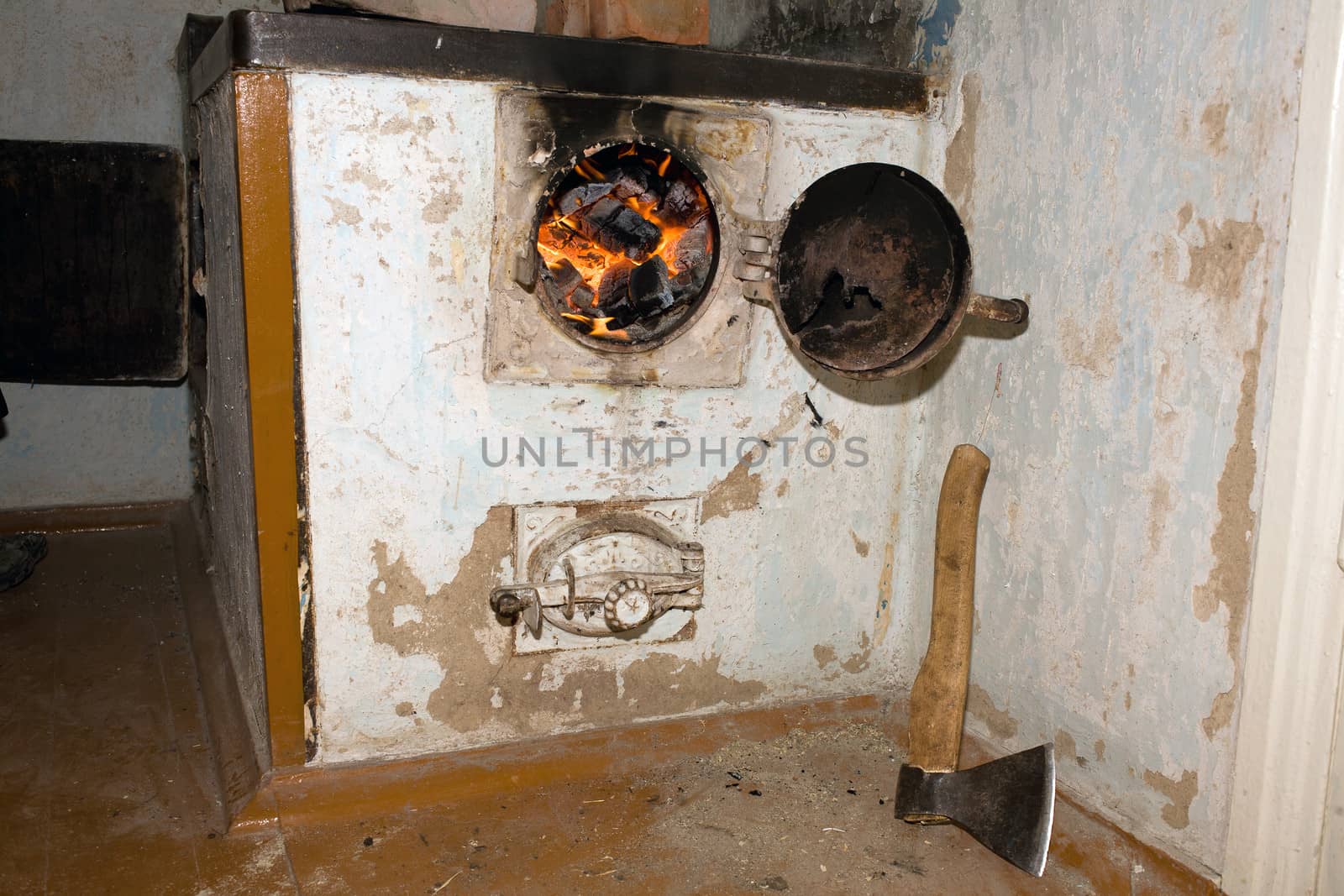 Old furnace with an open combustion chamber, which kindled the fire