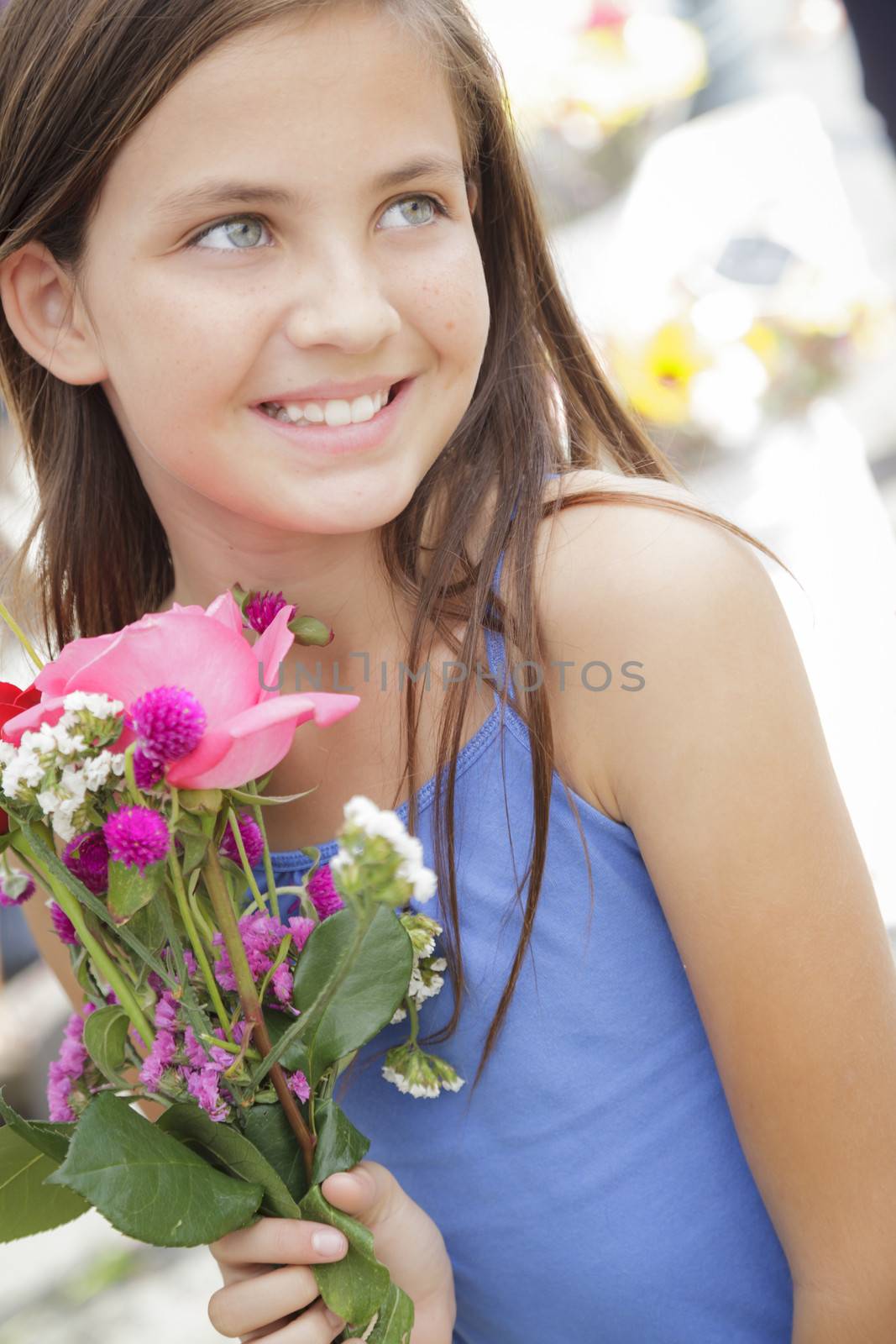 Pretty Young Girl Holding Flower Bouquet at the Market by Feverpitched