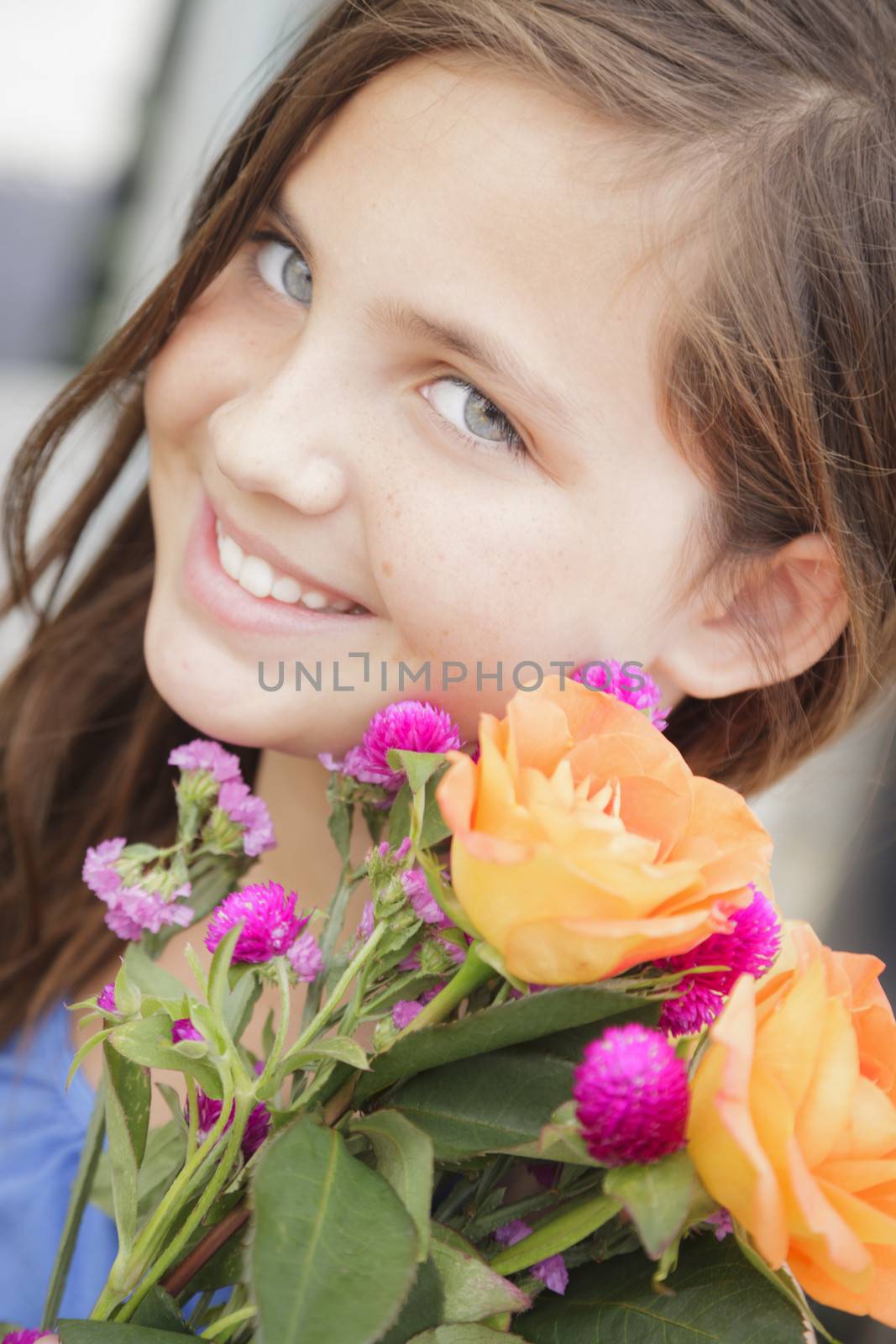 Pretty Young Girl Holding Flower Bouquet at the Market by Feverpitched