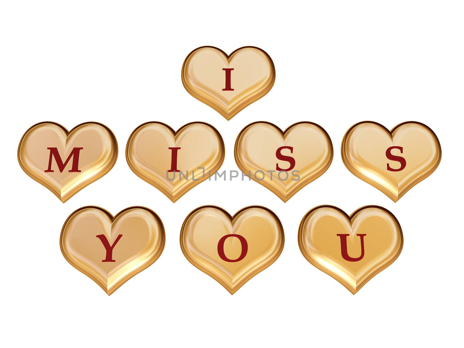 3d golden hearts with red letters with text - I miss you, isolated