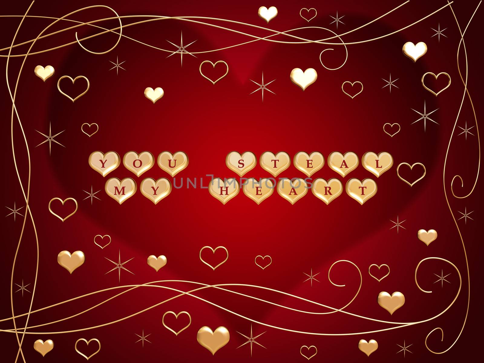 3d golden hearts, red letters, text - you steal my heart, flowers, stars
