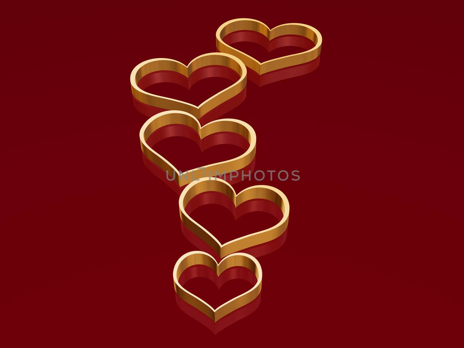 3d golden hearts over red background with reflection