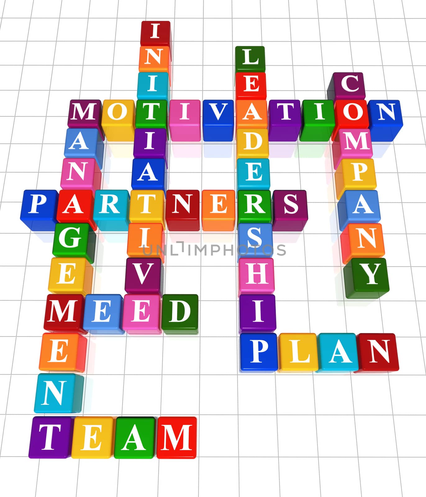 3d colour boxes crossword - management, motivation, leadership, team, plan, company, partners, initiative, meed