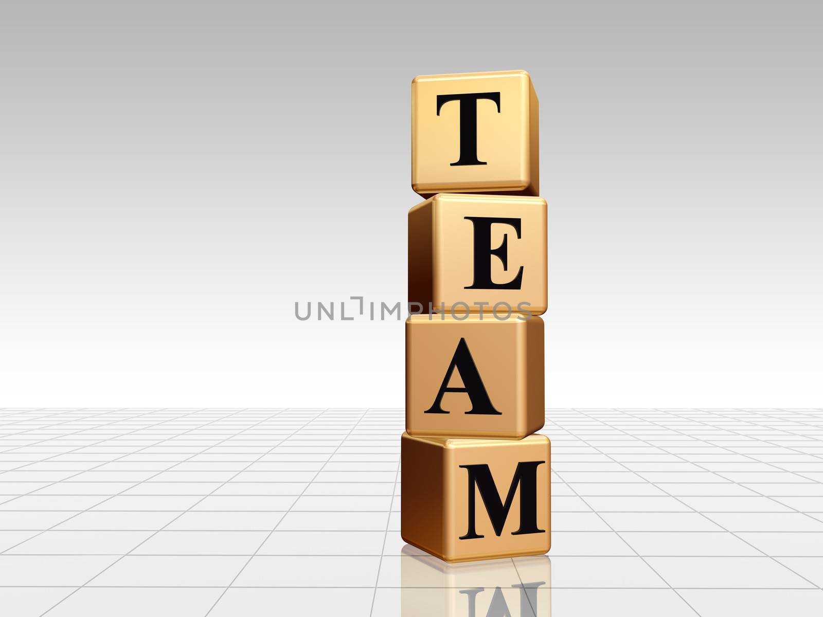 3d golden boxes with black letters with text team with reflection