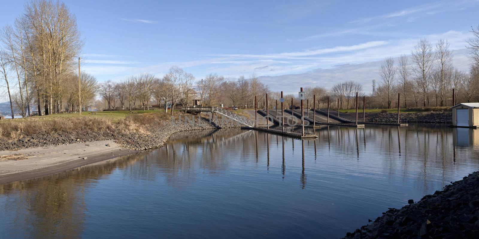 Boat launch wooden platforms and steel beams panoramic view Oregon.