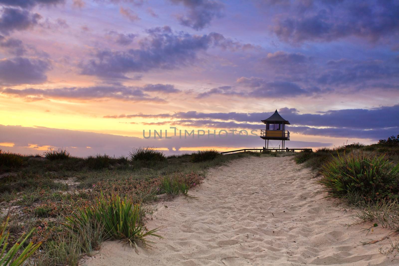 Sandy beach path leading to South Entrance Beach on the Central Coast of NSW, Australia on a beautiful summer sunrise.