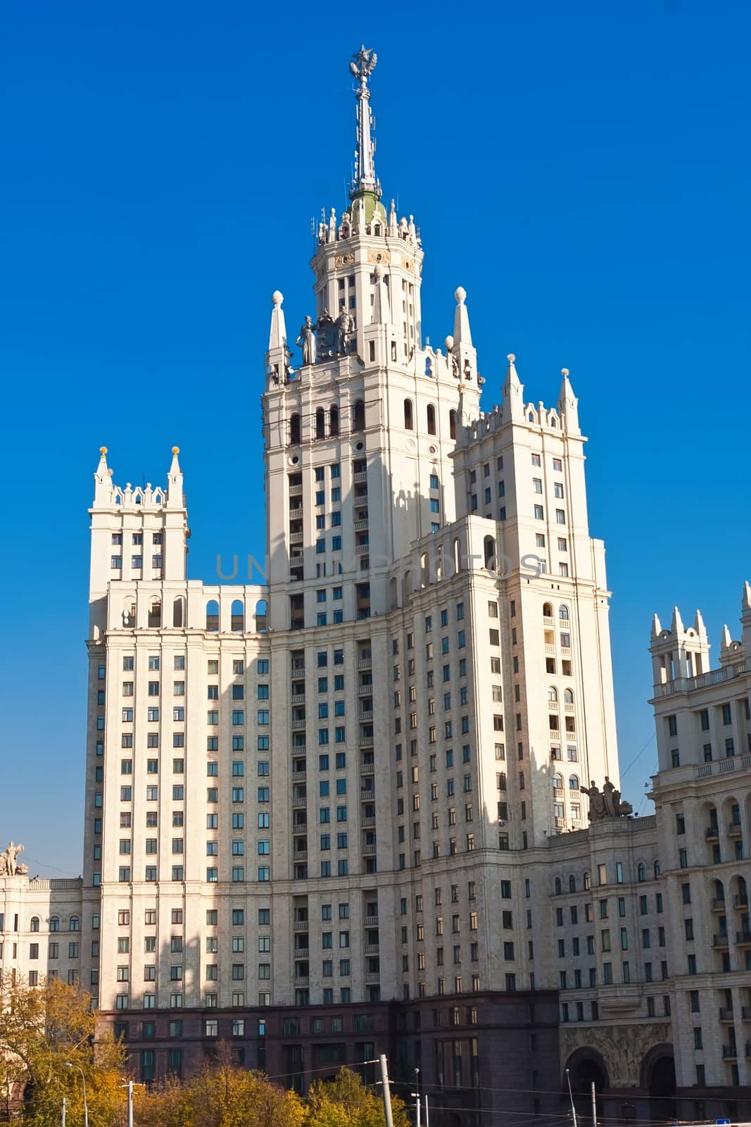 Beautiful view of soviet skyscraper Kotelnicheskaya Embankment Building, Moscow, Russia