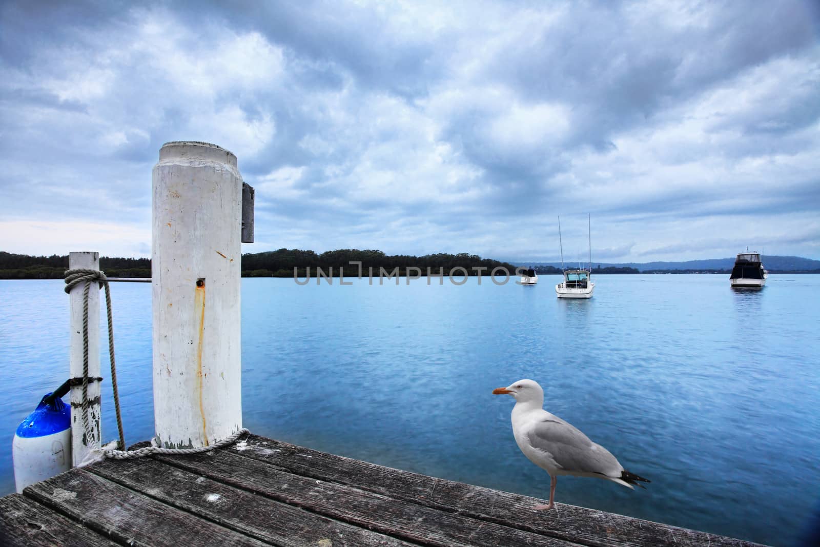 Cloudy overcast rainy day at Kincumber Broadwaters, view from the jetty of Kincumber and Davistown.