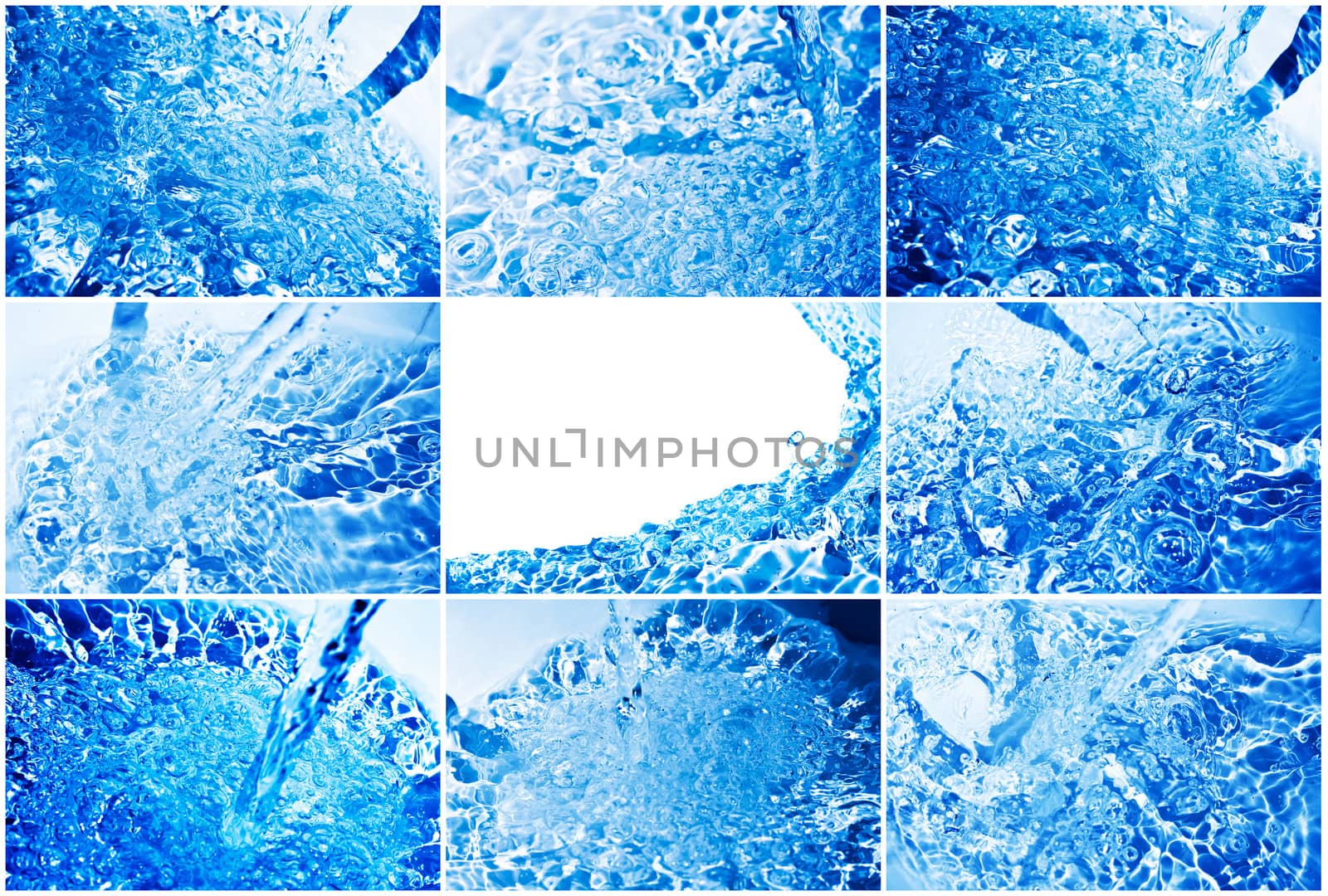 Blue transparent water splashes on white background